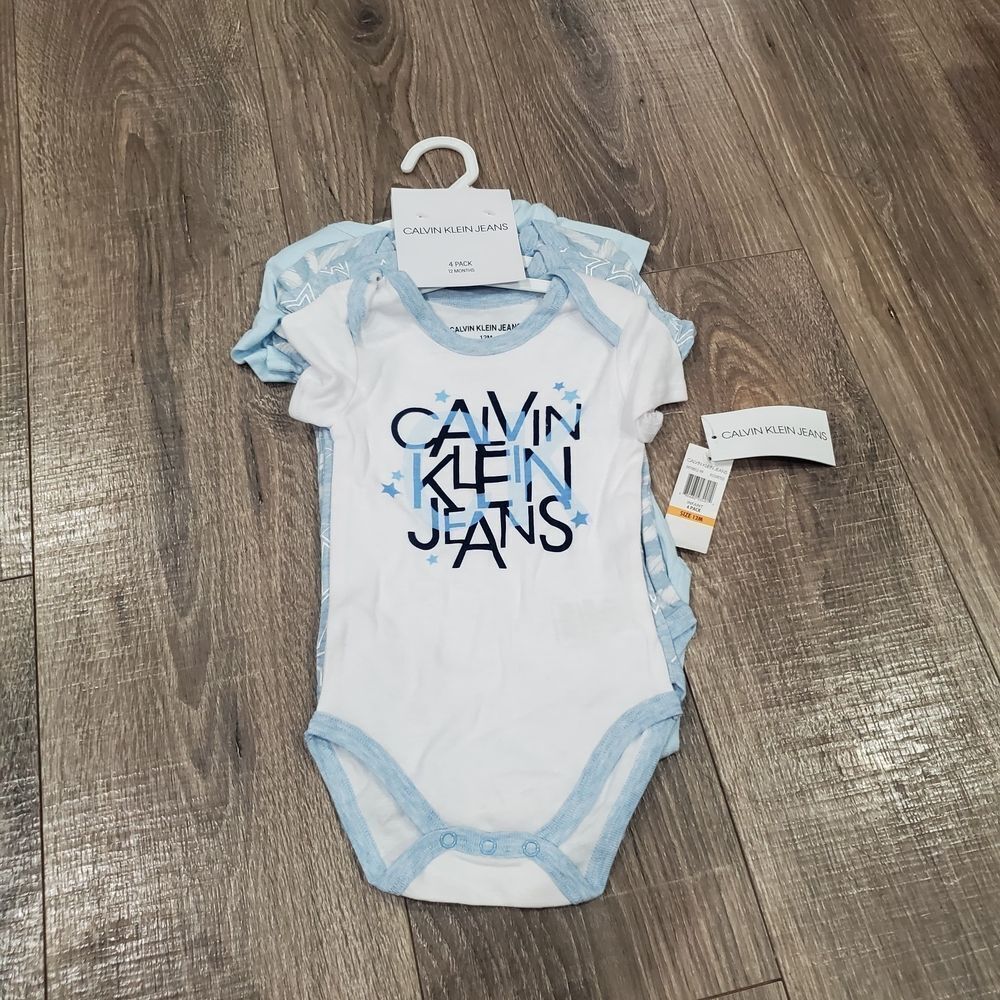 NEW Baby Calvin Klein Jeans One Pieces Size 12M Blue and White Onesie Set 4 Pcs